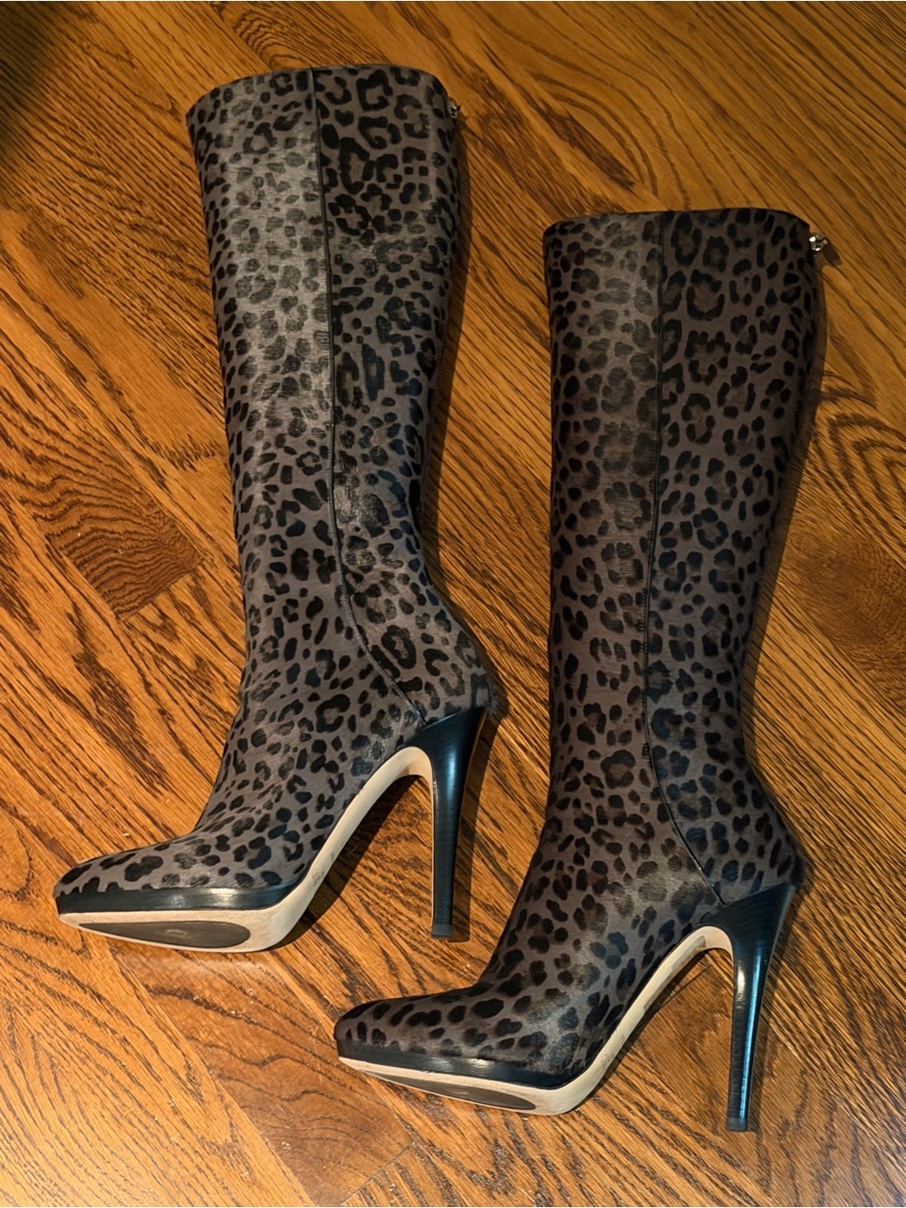 Jimmy Choo Pony Fur Leopard Knee-High Stiletto Boots